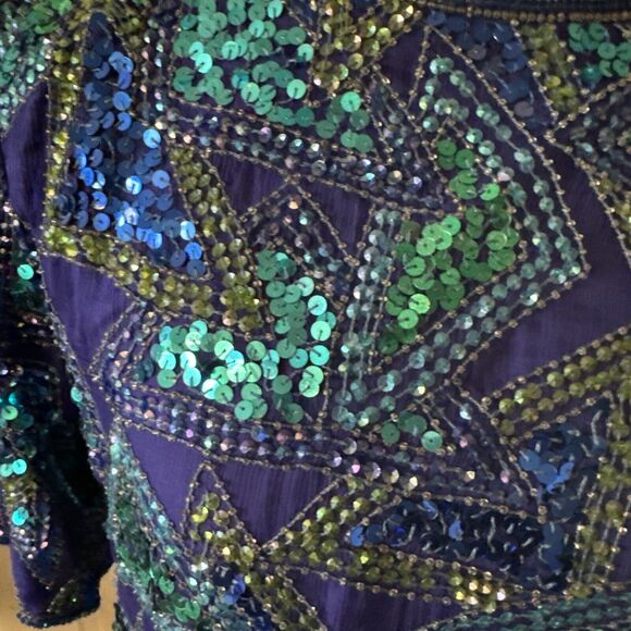 Jakelin Designs Beaded Sequin Top Large Silk Lined Geo Vintage 80s Glam Blue - Picture 3 of 14